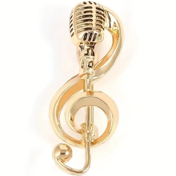 Musical Note Brooch Microphone Pin Gold Music Radio Sing Band Stylish New Voice - Picture 1 of 2
